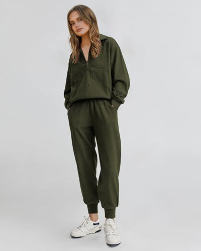 BTFBM Women's Two Piece Outfits Long Sleeve V Neck Zip Pullover Top & Drawstring Pants Sweatsuit Tracksuits Lounge Set(Solid Fruit Green,Medium)