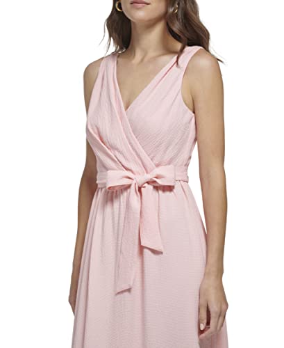 DKNY Women's Ruffle Hem Self Tie Belt V Neck Dress, Cream/Pink, 2