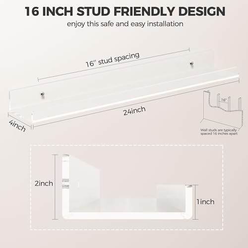 HBlife 24 Inches Invisible Wall Floating Bookshelf for Kids and Nursery, 16 Inch Stud Spacing Clear Acrylic Shelves for Figures, 1 Pack (5MM Thick)