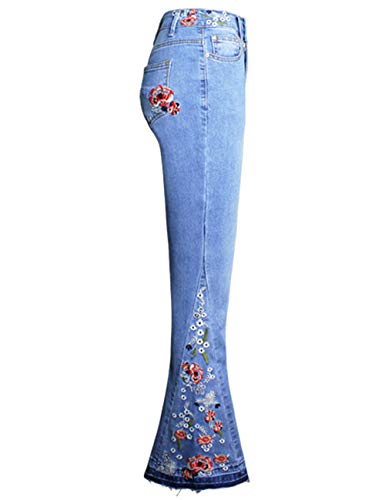 Women's Flared Fit Jeans Bell Bottom Denim Pants with Contrast Wash Hem Detail (Embroidered Blue, 4)