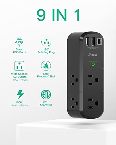USB Outlet Extender Surge Protector - with Rotating Plug, 1800 Joules, 6 AC Multi Outlet and 3 USB Ports (1 USB C), 3-Sided Swivel Power Strip with Spaced Splitter for Home, Office, Travel