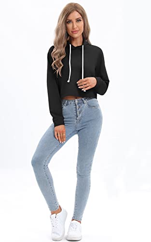 milanpavilion Women's Drawstring Cropped Hoodie Casual Plain Fashion Hoodies Workout Crop Tops Sweatshirt Long Sleeve Top Black