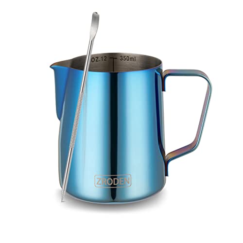 Milk Frothing Pitcher, 12oz Espresso Steaming Pitchers Stainless Steel Cappuccino Coffee Machine Accessories Barista Tools Steam Froth Pitchers Milk Jug Cup with Decorating Pen Latte Art, Blue