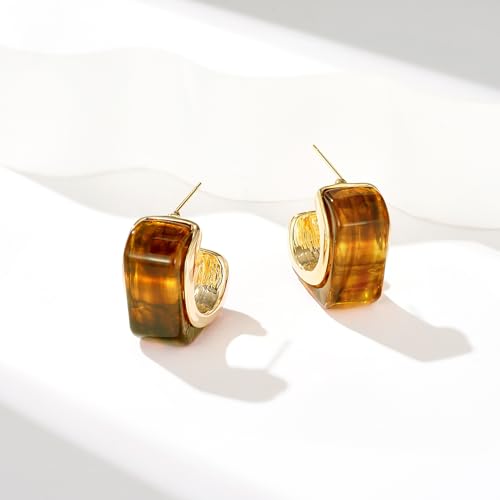 KissYan Acrylic Drop Earrings for Women, 14K Gold Plated Resin Chunky Hoop Earrings, Lightweight Hollow Open Hoops Geometric Square Translucent Hypoallergenic Vintage Fashion Jewelry Gifts (Amber)