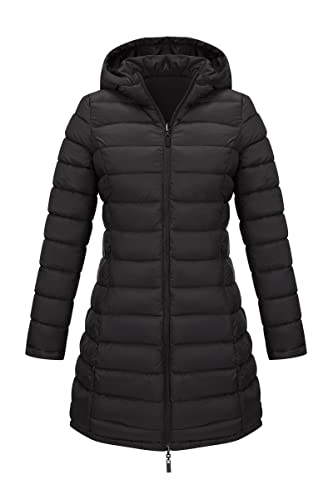 Bellivera Women Puffer Jacket Reversible Spring and Winter Warm Quilted Lightweight Long Hooded Padded Bubble Coat 207 Black S