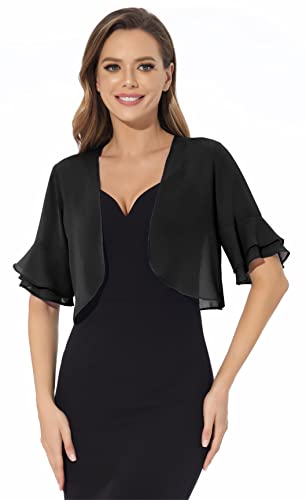 Women Shrug Soft Chiffon Open Front Sheer 3/4 Sleeve Bolero Cardigan for Evening Dress(Black,S)