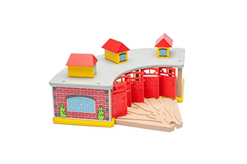maxim enterprise, inc. Wooden Train Round House with 5-Way Switch Track for Kids, Wood Train Shed with 5 Doors. Houses 5 Engines & Cars, Compatible with Major Brand Wooden Railways