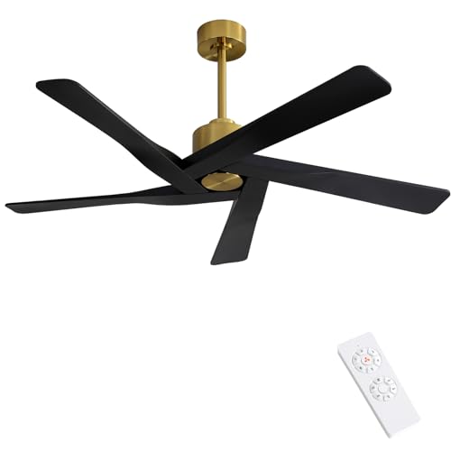 WINGBO 54" ABS DC Ceiling Fan No Light, 5 Blade Wood Grain ABS Ceiling Fan with Remote, 6-Speed Reversible DC Motor, Ceiling Fan without Light for Kitchen Bedroom Living Room, Matte Black and Walnut