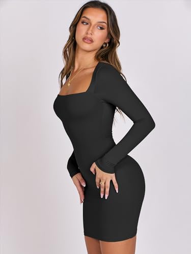 ANRABESS Women Long Sleeve Square Neck Sexy Bodycon Tight Cocktail Party Club Night Formal Short Dress 2024 Going Out Outfits Black X-Small