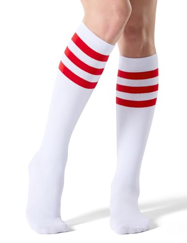 FITRELL Women's Knee High Socks Athletic Socks Stripe Tube Outdoor Sport Socks 1 Pack, White Red