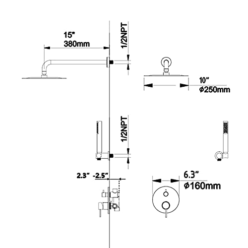 RBROHANT Matte Black Rain Shower System, Wall Mounted 10 Inches Round High Pressure Rainfall Shower Head with Handheld Shower Faucet Set, Solid Brass Rough-in Valve Included, RCS81005MB