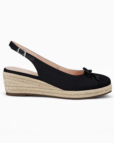 Coutgo Womens Closed Toe Espadrilles Wedges Shoes Platform Slingback Mid Low Heel Canvas Bow Dress Sandals, Navy, Size 10