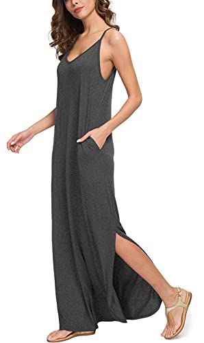 GRECERELLE Women's Summer Casual Loose Dress Spaghetti Strap Beach Cover Up Long Cami Polka Dot Casual Maxi Dress with Pocket Cashew Blue-Green Small