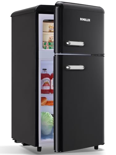 DEMULLER Mini Fridge Dual Door Refrigerator with Freezer, 3.5 Cu.Ft Compact Refrigerator with Handle, Adjustable Temperature & Removable Glass Shelves, for Apartment/Dorm/Office/RV, Black