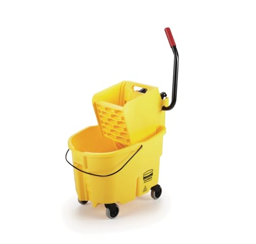 Rubbermaid Commercial Products WaveBrake 26 Qt. Side-Press Mop Bucket and Wringer Combo on Wheels, Yellow, for Professional/Industrial/Business Heavy-Duty Floor Cleaning/Mopping