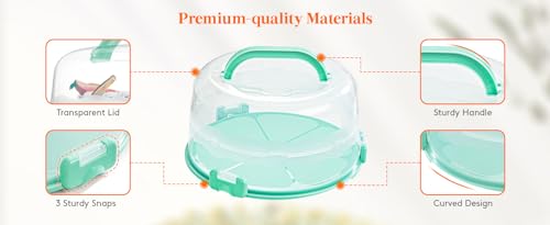 Lifewit Cake Carrier with Lid and Handle, Two Sided Cupcake Carrier Holder for 10” Cake or 9 Standard-Sized Cupcakes, Plastic Round Cake Transport Storage Container Stand for Pies and Cookies, Green