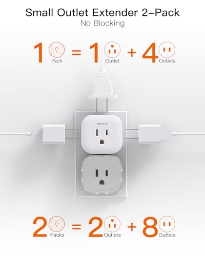 Multi Plug Outlet Extender 2 Pack, Wall Outlet Splitter with 5 Wall Outlets, Small Multiple Plug Extender, Cruise Essentials, Plug Adapter No Surge Protector for Cruise Ship Home Office Dorm Room