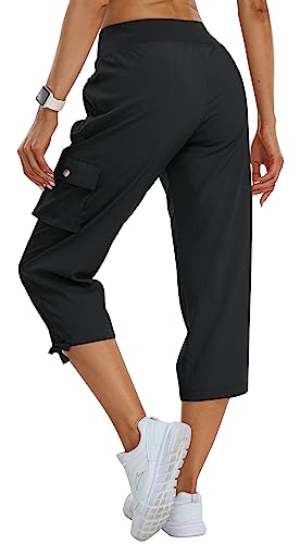 MoFiz Women's Cargo Capris Pants Loose Fit Casual Hiking Pants Lightweight Quick Dry Travel Summer Pants for Women Black XS