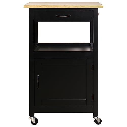 eHemco Kitchen Island Cart on Wheels with Drawer, Storage Cabinet, Shelf and Natural Solid Hardwood Top, Black Base