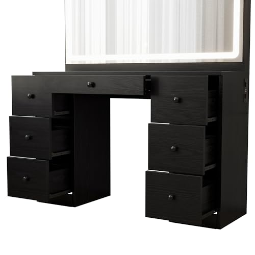IRONCK Vanity Makeup Desk Set with LED Lighted Mirror & Power Outlet, 7 Drawers Bedroom Vanities Table with Stool,Black