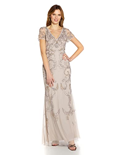 Adrianna Papell Women's V Neck Beaded Gown, Marble, 12