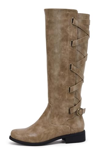 Syktkmx Womens Strappy Motorcycle Knee High Boots Winter Lace Up Riding Flat Low Heel Shoes, Dark Brown, Size 10