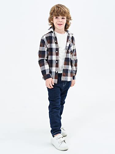 OCHENTA Big Kids Boys' Button Down Flannel Plaid Shirt Boy Long Sleeve Christmas Outfit E003 Coffee 150 7-8 Years