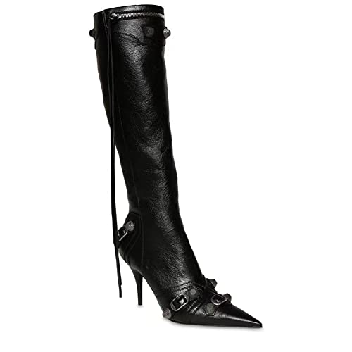 Kluolandi Women's Stiletto High Heel Knee High Boots with Tassel Pointy Toe Studded Zipper Booties Dress Shoes Black Size 11