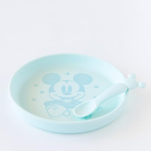 Bumkins Disney Baby and Toddler Plate and Spoon Set, Silicone Dish for Babies and Kids, Baby Led Weaning, Children Feeding Supplies, Microwave Safe, Platinum Silicone, Ages 6 Months Up, Mickey Mouse