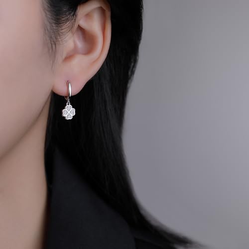 SLUYNZ 925 Sterling Silver CZ Clover Hoop Earrings Dangle for Women Teen Girls Lucky Clover Leaf Huggie Earrings Flower Drop (A-Silver)
