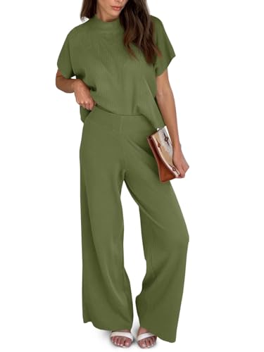 Imily Bela Women's 2 Piece Outfits Sweater Knit Sets Mock Neck Short Sleeve Tops Wide Leg Pants Casual Tracksuit