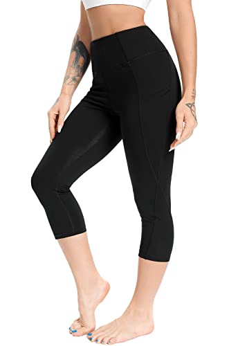 FITTOO Women's Yoga Capris Leggings with Side Pockets Workout Pants Black S