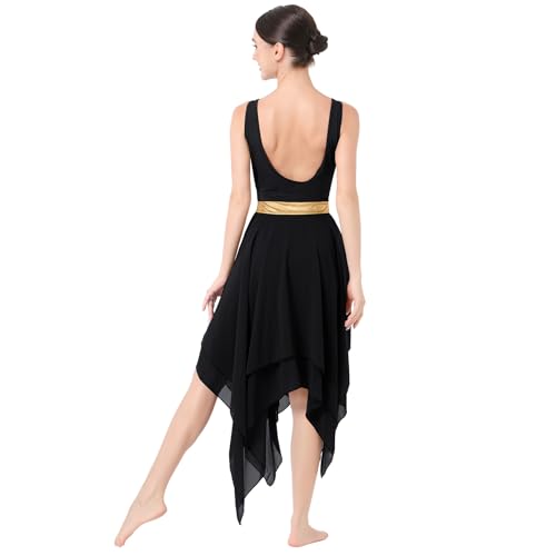 IBAKOM Lyrical Dance Dress for Women Gold Metallic Cutout Chiffon Tulle Contemporary Dance Costume Backless Flowy Skirt Salsa Ballroom Dance Dress Ballet Leotard Ballerina Costume Black XS