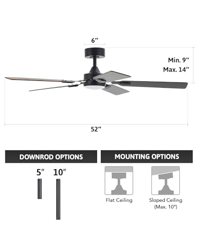 VONLUCE Ceiling Fans with Lights and Remote, 52" Ceiling Fan with 5 Blades, 6-Speeds Noiseless Reversible DC Motor for Farmhouse Bedroom Indoor, Black