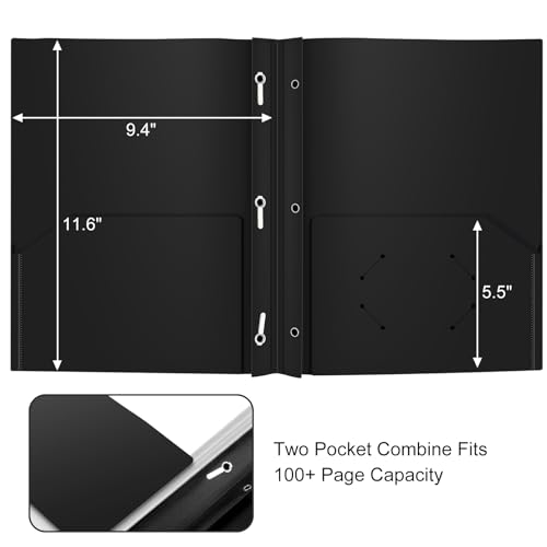 ViVin 12-Pack Sturdy Plastic Folders with Pockets and Prongs, 2 Pocket Folder with 3-Prong Fasteners, Holds 8-1/2" x 11" Letter Size Paper, for School,Office and Home Use (Black)