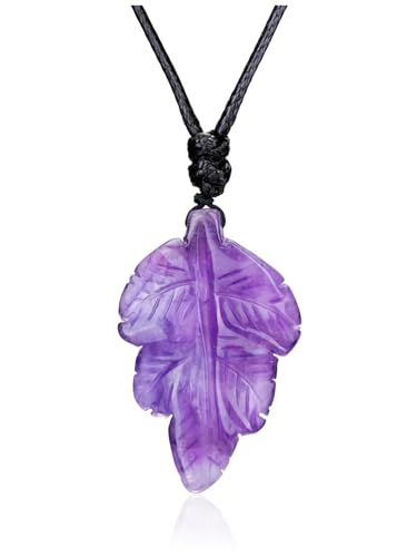 Top Plaza Amethyst Healing Crystal Stone Necklace for Women Men Carved Natural Gemstone Leaf Pendant Necklace Spiritual Jewelry Christmas Gifts