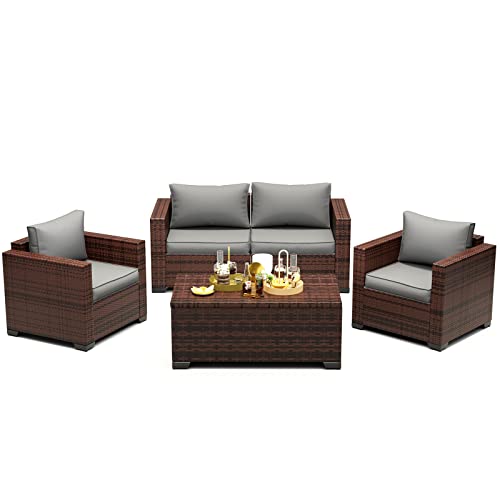 UDPATIO Patio Furniture Set with 44" Fire Pit Table, 7 Pieces Outdoor Furniture Sets, Wicker Rattan Patio Conversation Sets with Ottoman and Waterproof Covers for Porch Deck Backyard, Khaki