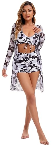 Yknktstc Womens 3 Pieces Bikini Set Swimsuit Tropical Beach Cover up Kimono Swimwear Bathing Suit with Boy Shorts M 03