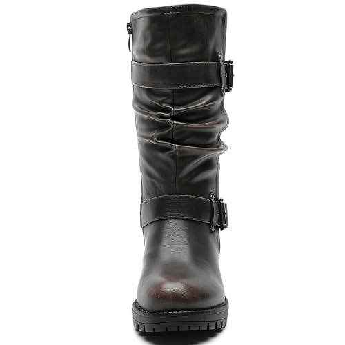 GLOBALWIN Women's Mid Calf Dress Boots Biker Motorcycle Riding Boots Women For Women Black Size 11M