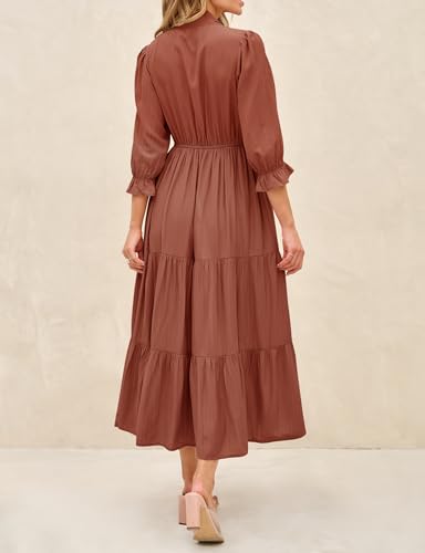 ZESICA Women's Casual Half Sleeve Tie V Neck Elastic High Waist Solid Color Flowy Tiered A Line Beach Party Maxi Dress,Apricot,Small