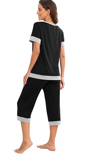 PrinStory Women's Pajama Set Short Sleeve Shirt and Capri Pants Sleepwear Pjs Sets Lounge Set Light Khaki-M