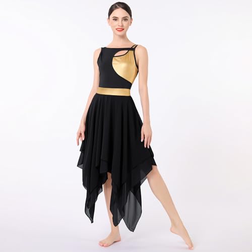 IBAKOM Lyrical Dance Dress for Women Gold Metallic Cutout Chiffon Tulle Contemporary Dance Costume Backless Flowy Skirt Salsa Ballroom Dance Dress Ballet Leotard Ballerina Costume Black XS