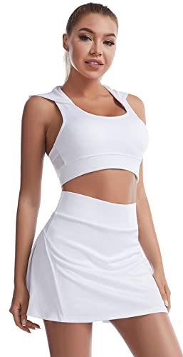 HOW'ON Women's High Waisted Pleated Tennis Skirt Golf for Running Workout Athletic Skirts Casual Workout Shorts with Pockets White S