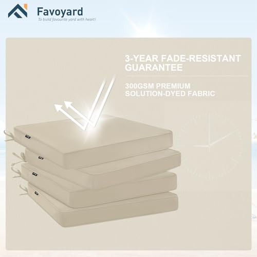 Favoyard Outdoor Chair Cushions 17"W x 16"D x 2"T Set of 4 Patio Chairs Cushions 3-Year Fade Resistant & Waterproof Cushions for Outdoor Furniture with Hidden Zipper, Attach Straps for Dining Chairs