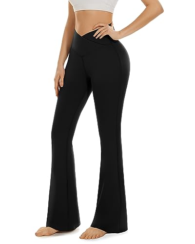 Aoliks Black Flare Leggings for Women, Crossover Wide Leg Yoga Pants High Waisted Bell Bottom Leggings