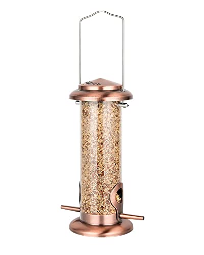 iBorn Metal Bird Feeder Hanging Wild Bird Feeders for Mix Seed Blends Heavy Duty All Metal Finishing, Copper Finish, 8 Inch 2 Port (Seed is not Included)