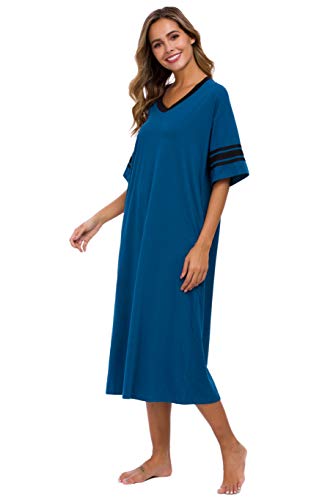 Vslarh Women's Nightgown Long Loungewear Short Sleeve Sleepshirt V Neck Pajama Dress with Pockets S-3XL