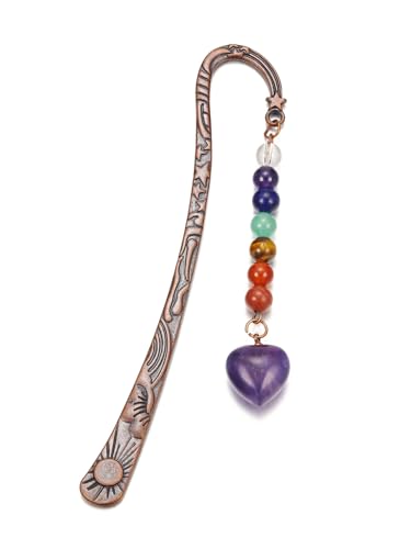 Jovivi Crystal Heart Bookmark for Women Antique Copper Metal Bookmark Natural 7 Chakra Beads Amethyst Healing Stone Vintage Bookmarks for Student Office Birthday Gifts