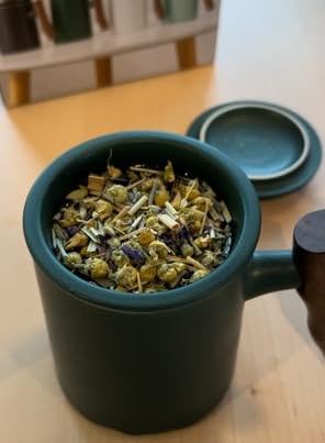 Matty's Garden Black Ceramic Coffee Mug and Tea Infuser - 12 oz with lid and steeper and wooden handle