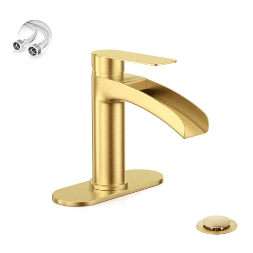 Phiestina Single Handle Waterfall Faucet for Bathroom Sink in Brushed Gold Finish, with 6-Inch Deck Plate,Metal Pop Up Drain Assembly & CUPC Water Supply Lines,NS-SF01-BG